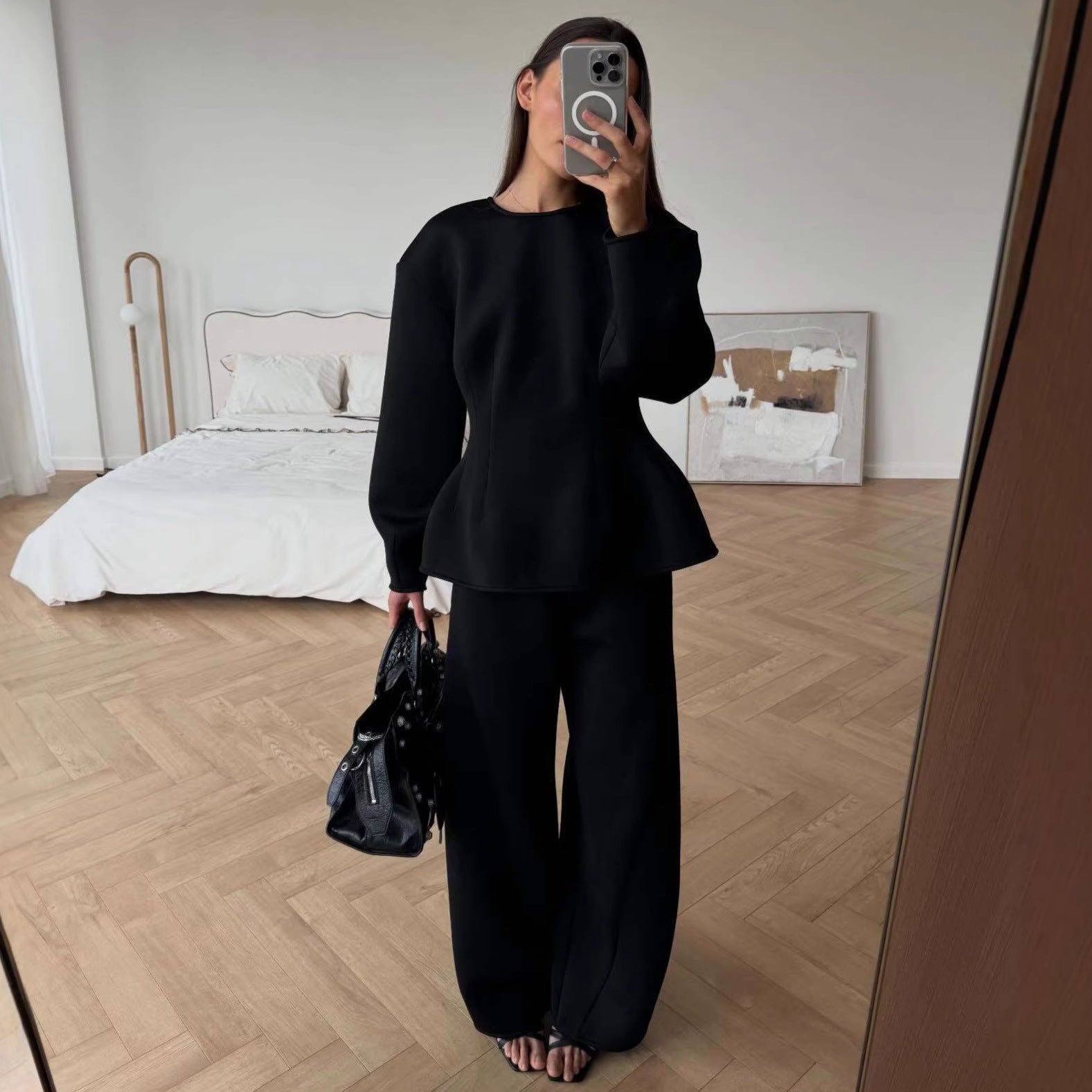 Women's Tailored Peplum Top with Wiener Seams and Wide Lounge Pants Set Chichicherry