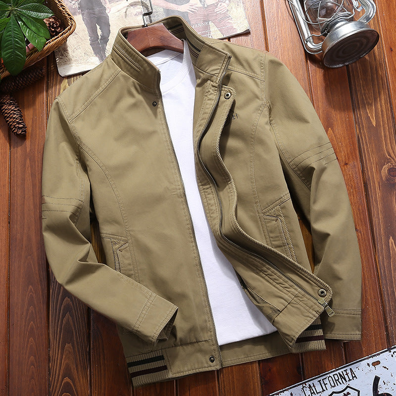Men's Canvas Field Jacket with Stand Collar, Zipper and Striped Ribbed Cuff Chichicherry