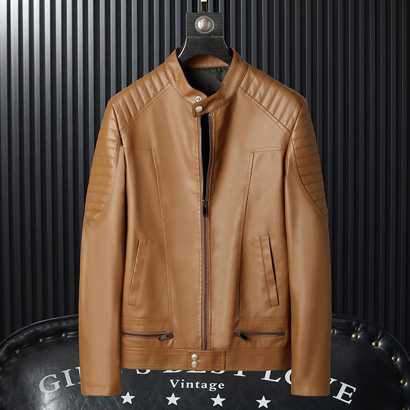 Men's Faux Leather Moto Jacket with Quilted Shoulder, Stand Collar and Zipper Chichicherry