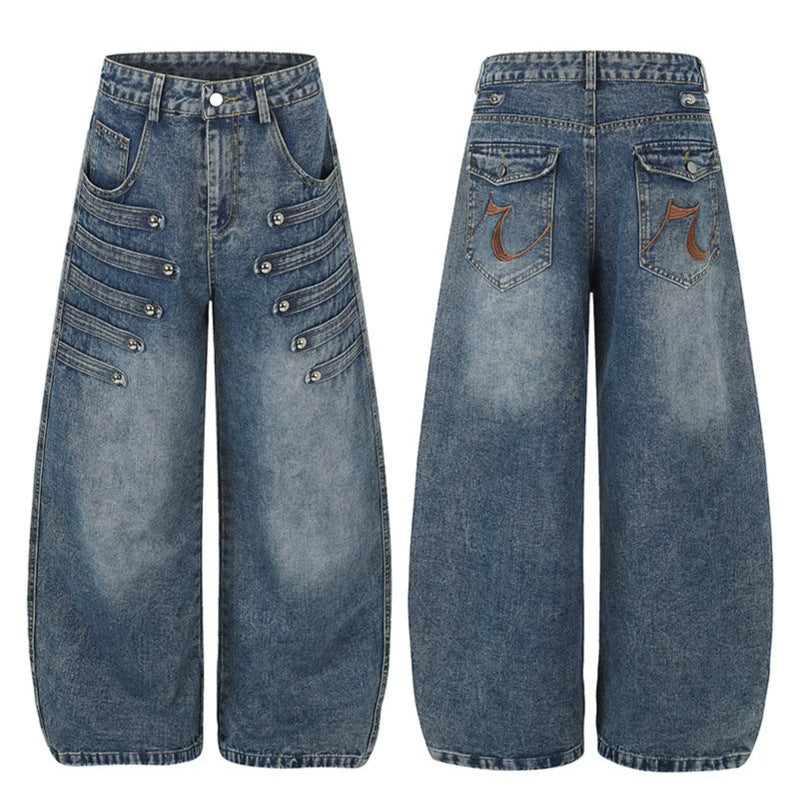 Women's Wide Denim Palazzo Jeans with Decorative Stitching and Decorative Button Details Chichicherry