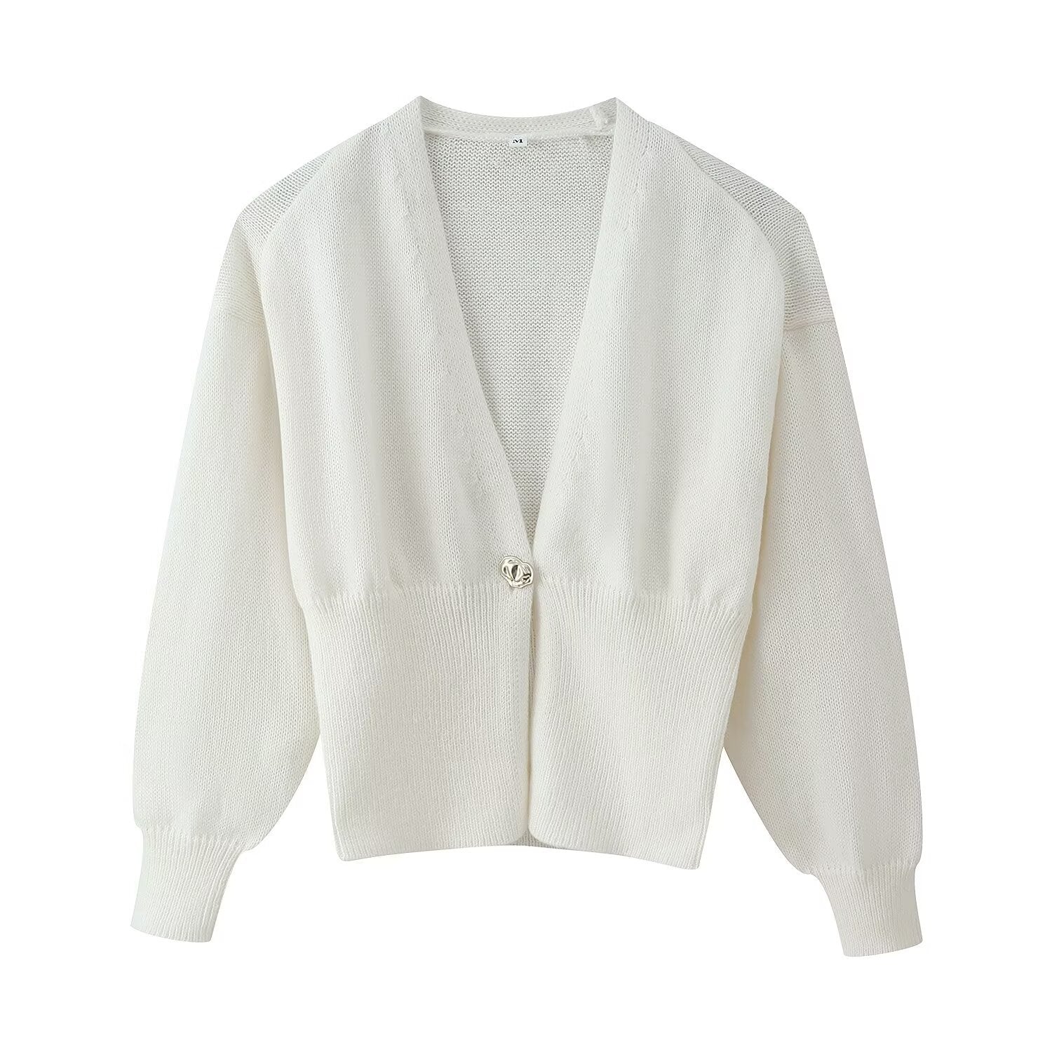 Women Short V-Neck Cardigan with Balloon Sleeves and Decorative Button Chichicherry