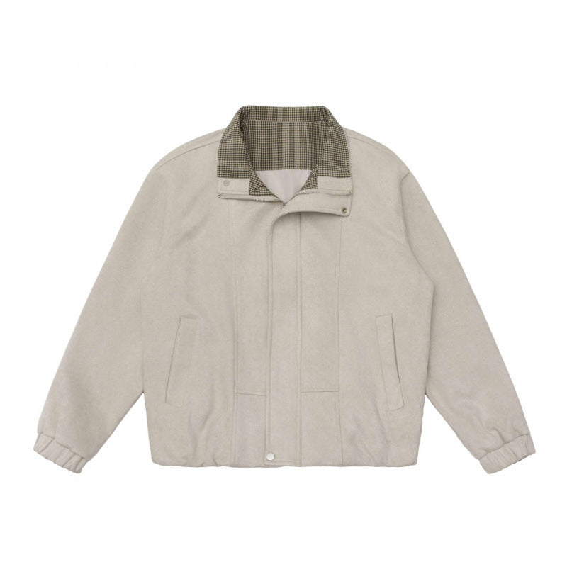 Men's short cut padded blend jacket with stand-up collar, hidden snap button placket, and checkered lined collar Chichicherry