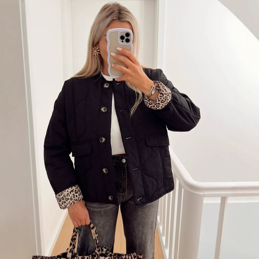 Women Padded Quilted Jacket in Boxy Cut with Round Neckline and Applied Pockets Chichicherry