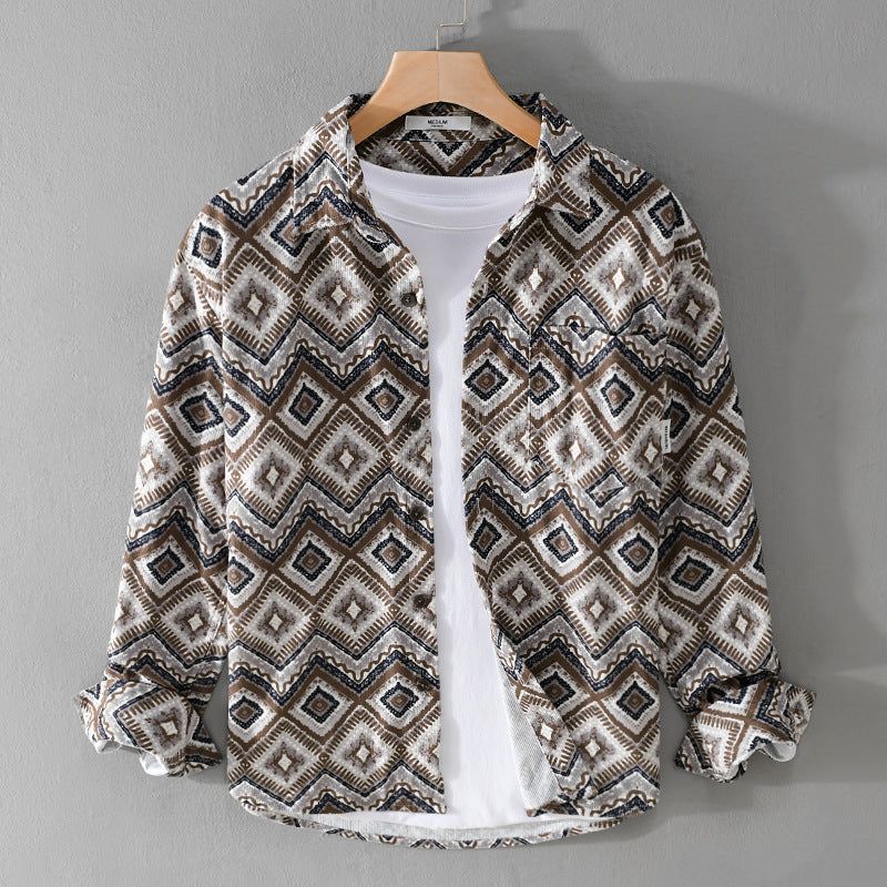 Men's Patterned Overshirt in Relaxed Fit with Geometric Diamond Print and Chest Pocket Chichicherry