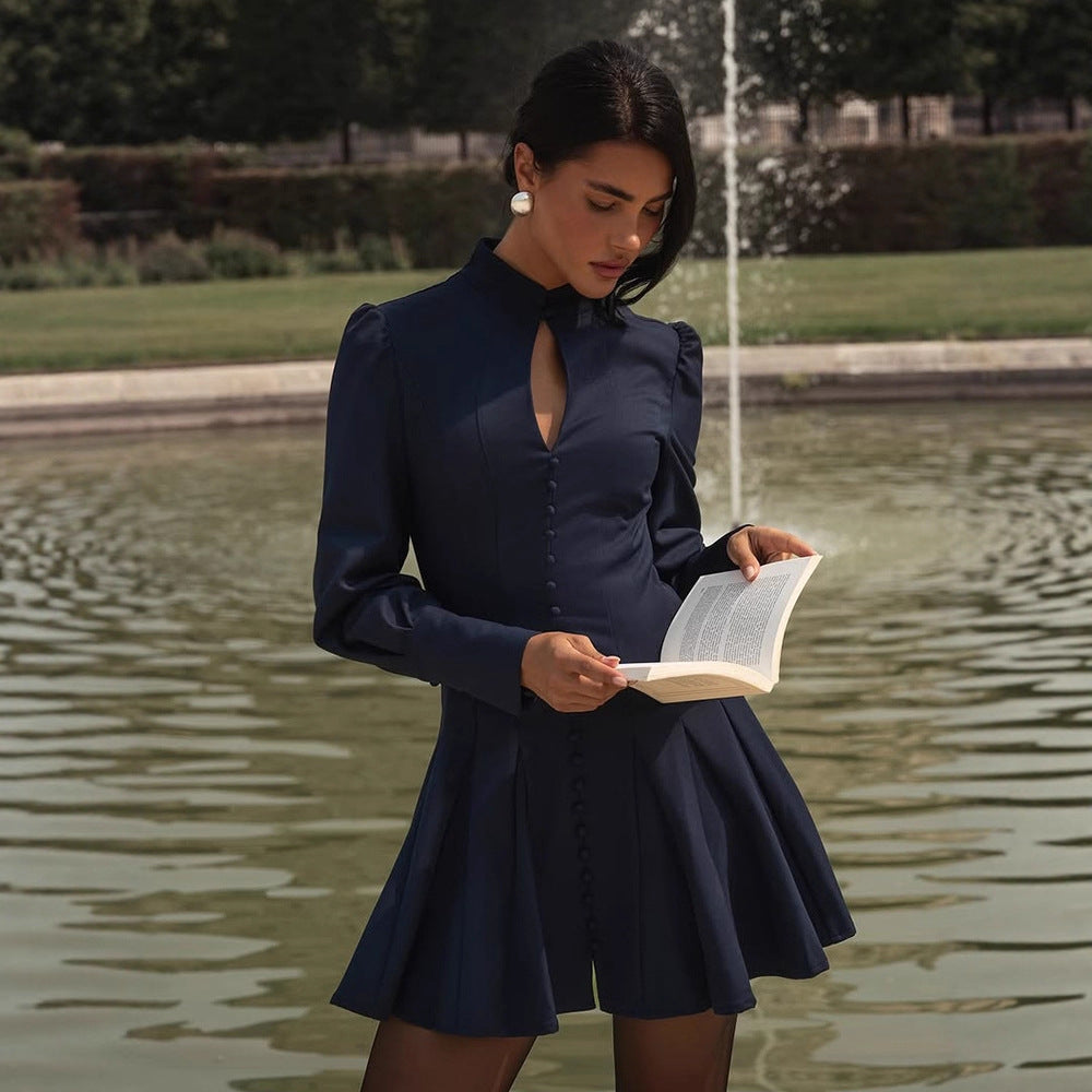 Women's Tailored Skater Mini Dress with Stand Collar, Button Placket and Keyhole Detail Chichicherry