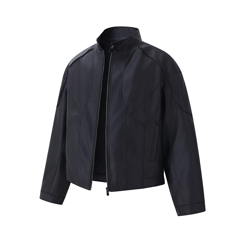 Men's Short Boxy Mock-Leather Jacket with Geometric Seam Design Chichicherry