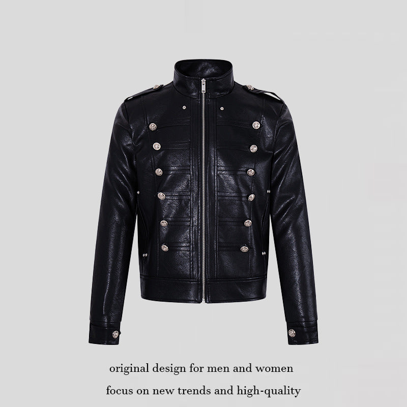 Men's military-inspired faux leather jacket with stand-up collar, decorative button row and shoulder pads Chichicherry