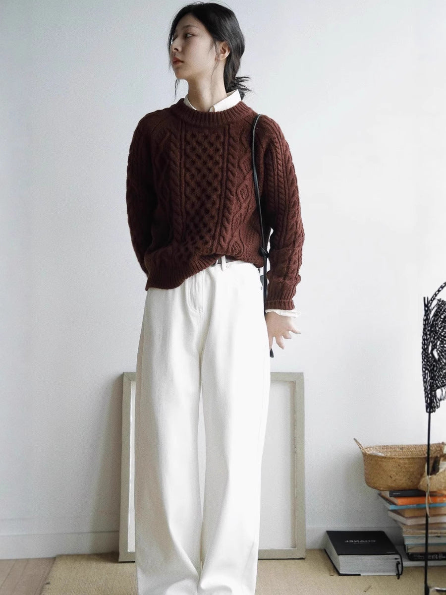 Women's Structured Cable Knit Sweater Made of Merino Blend with Ribbed Finishes and Boxy Fit Chichicherry