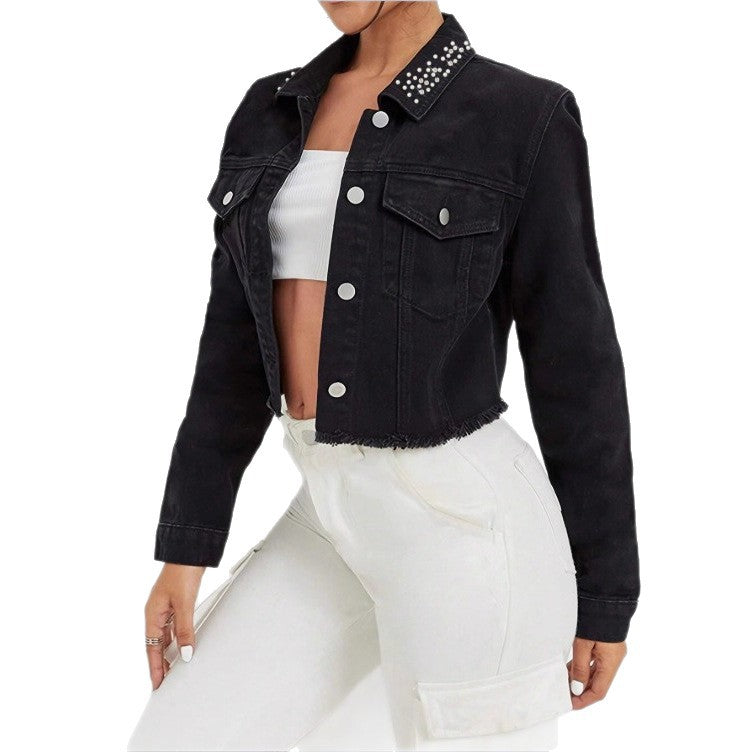 Women's Cropped Denim Jacket with Studded Collar, Frayed Hem and Flap Pockets Chichicherry