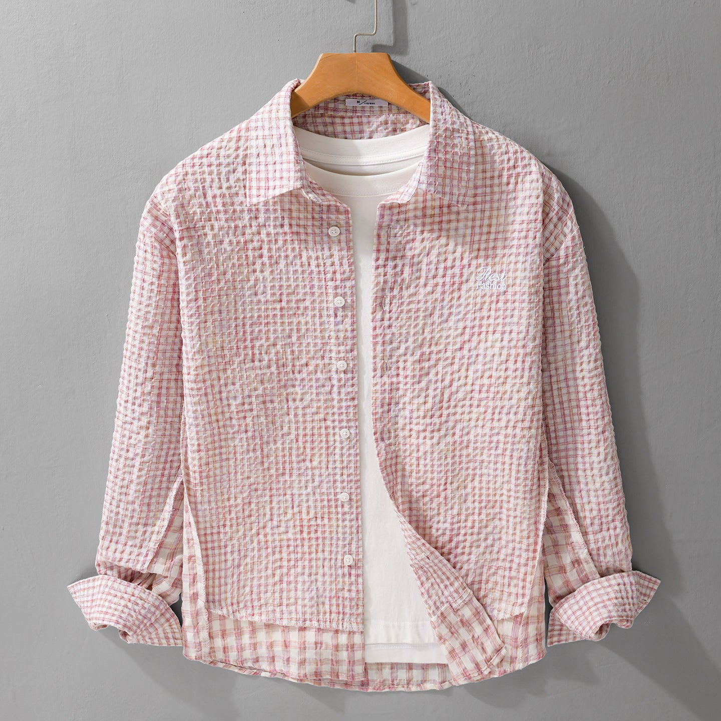 Women's Relaxed-Fit Crinkle Shirt Jacket with fine Gingham weaving structure and subtle chest embroidery Chichicherry