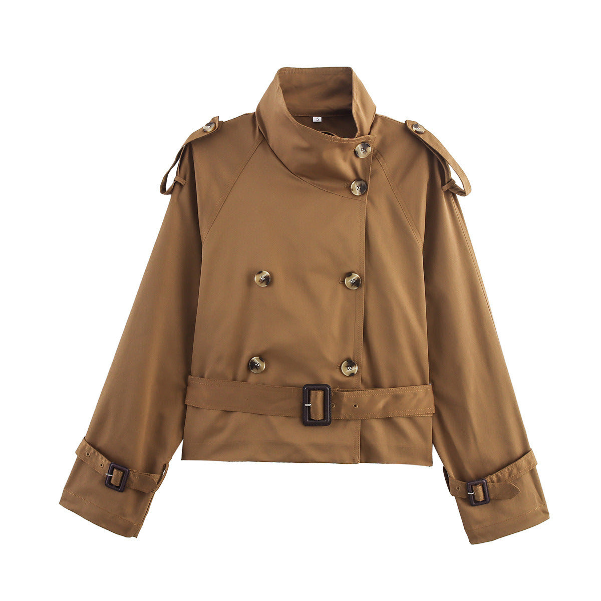 Women's Short Double-Breasted Trench Blouson with High Stand Collar, Shoulder Tabs, and Waist Belt Chichicherry