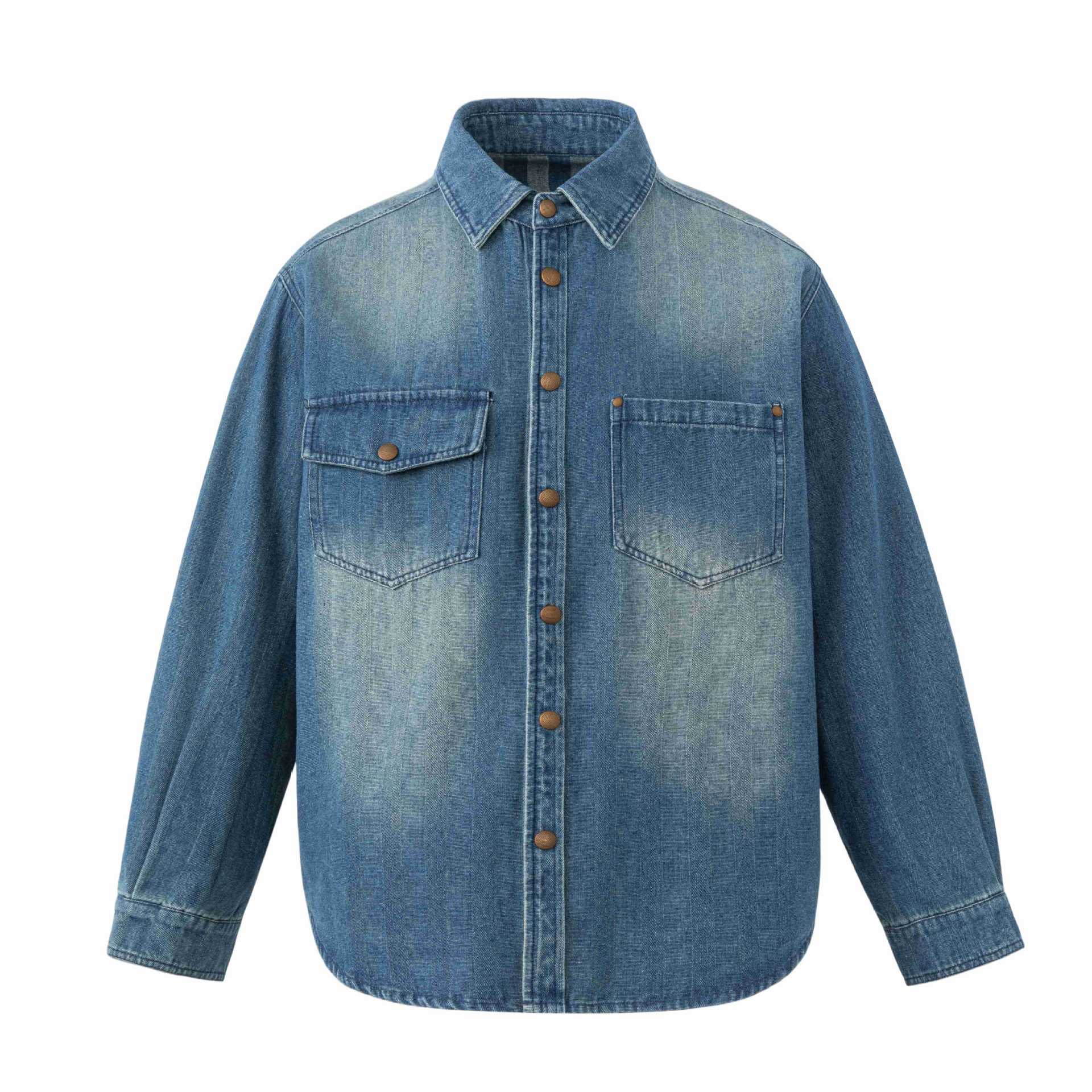 Unisex Oversize Denim Jacket with Snap Button Placket and Patch Chest Pockets Chichicherry