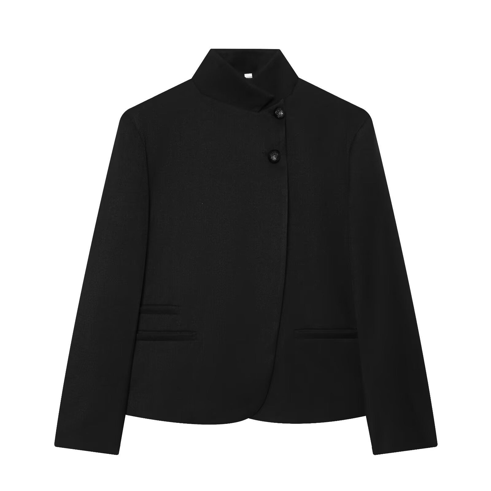 Women’s short-cut blazer with stand-up collar, asymmetrical closure, and piping pockets Chichicherry