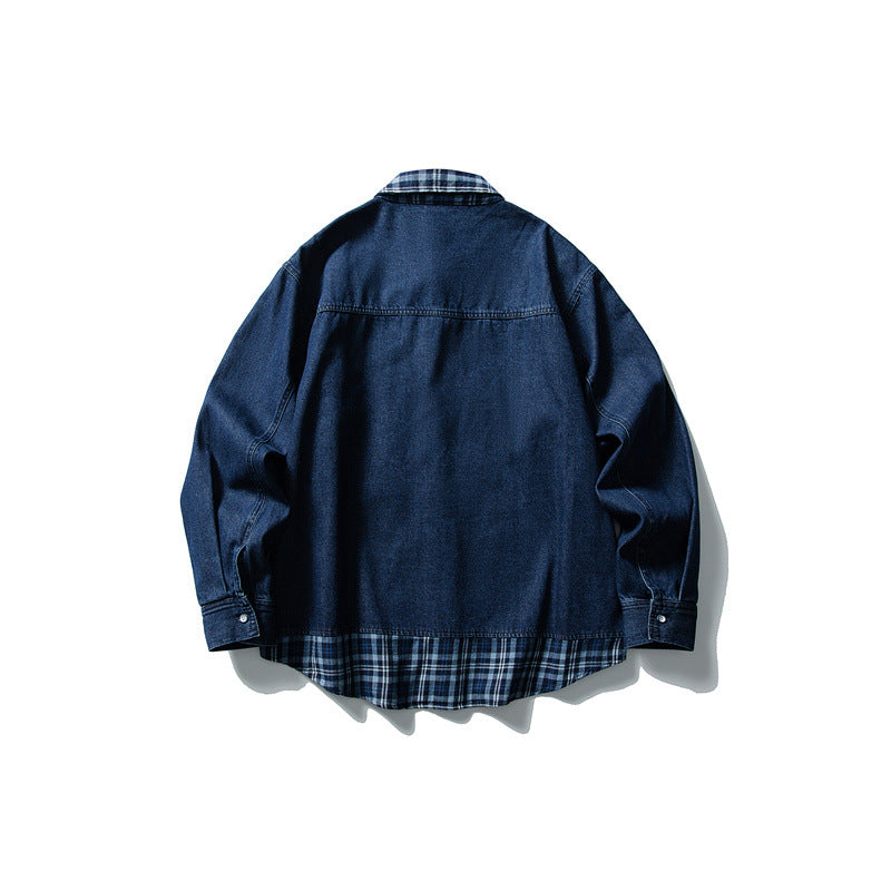 Men's Oversize Denim Jacket with Checked Lining, Casual Hem and Chest Pocket Chichicherry