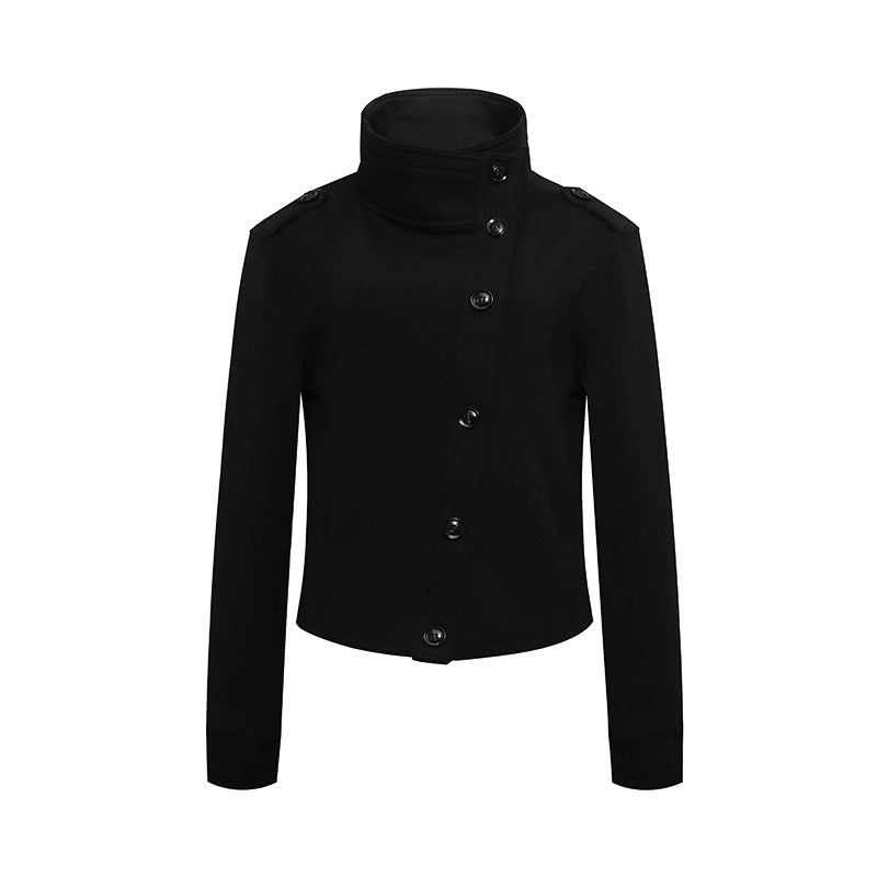 Ladies Short Wool Look Military Jacket with Standing Collar and Asymmetric Button Placket Chichicherry