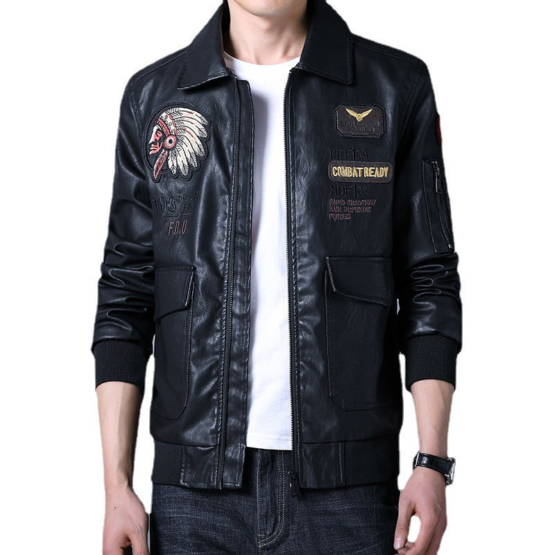 Men's pilot bomber jacket made of faux leather with embroidered patches and ribbed cuffs Chichicherry