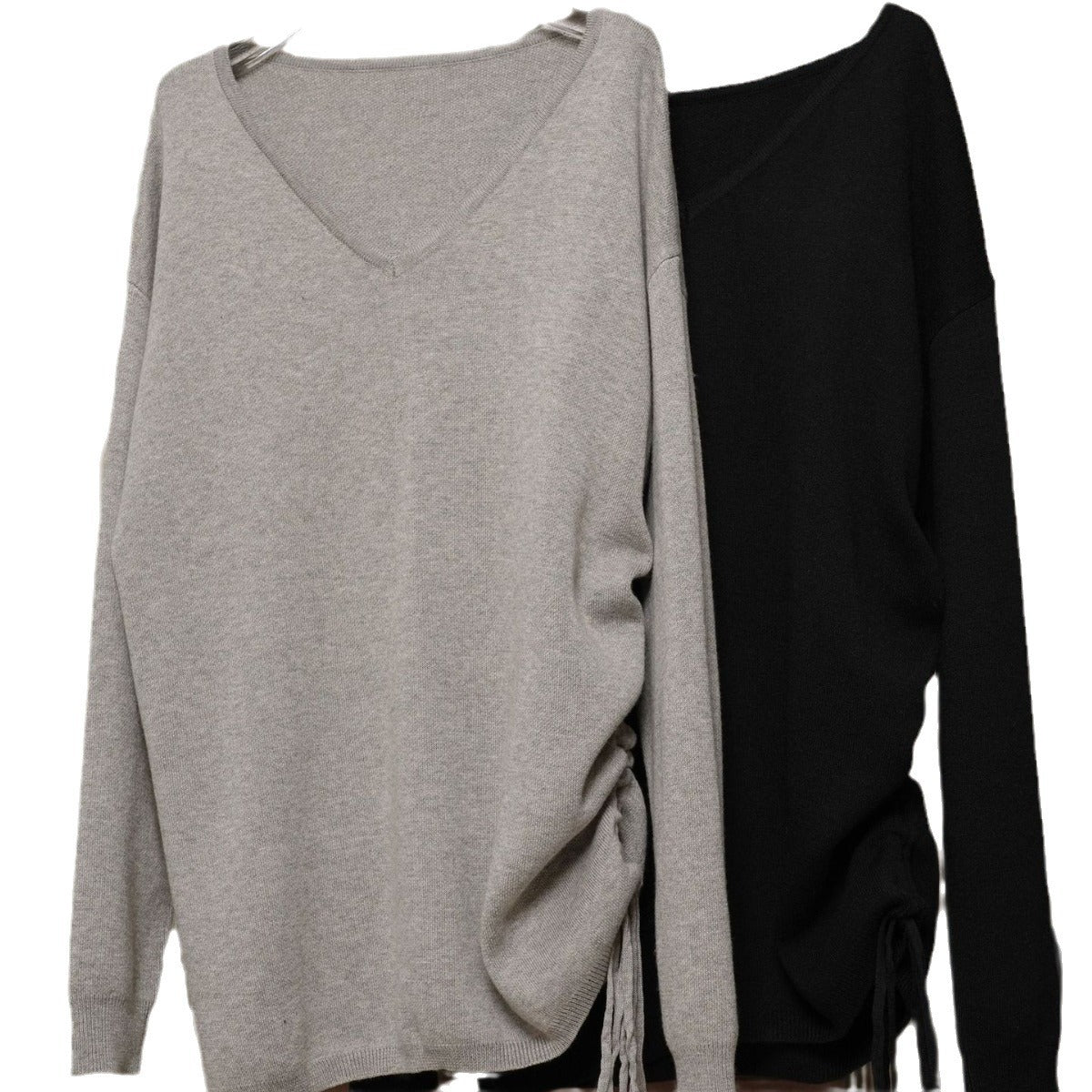 Women Oversized V-Neck Fine Knit Long Sweater with Side Slits Chichicherry