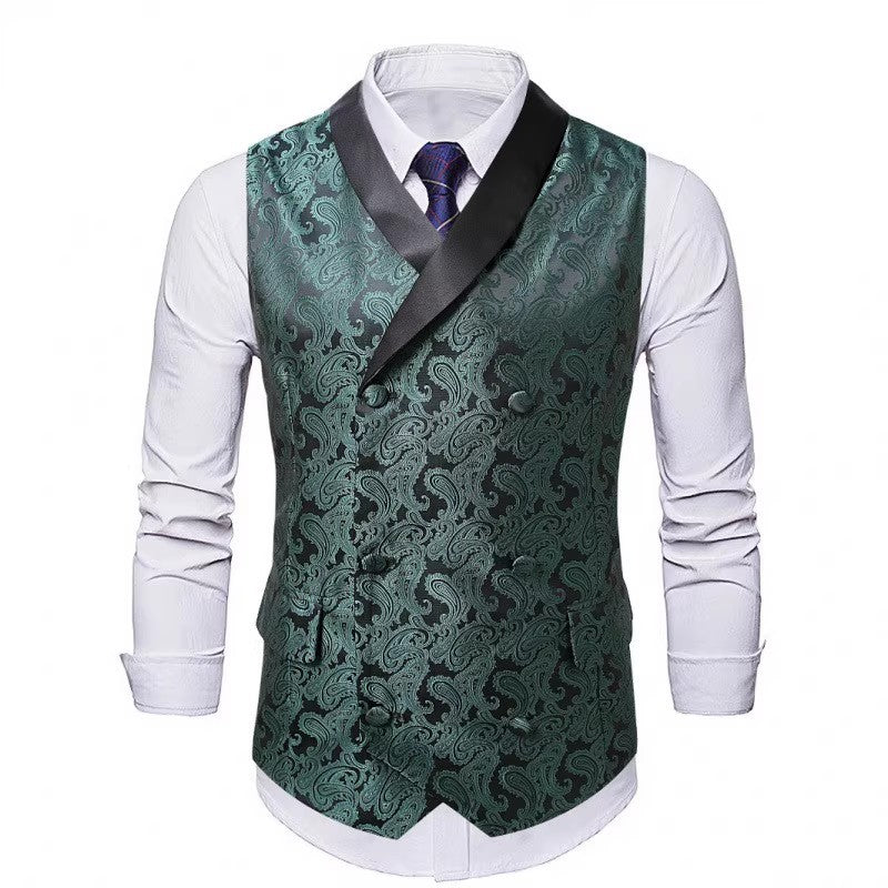 Men's Satin Paisley Vest with Shawl Collar and Tailored Tuxedo Look Chichicherry