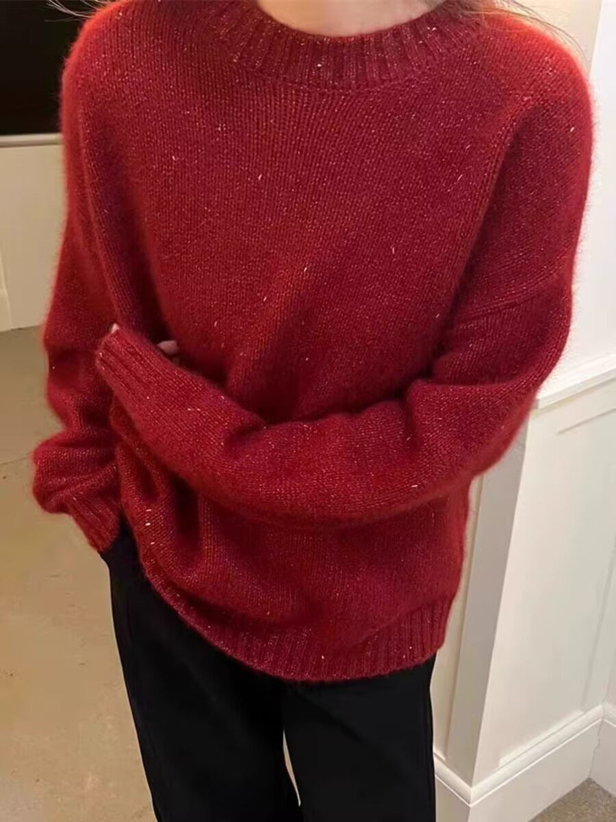Women's Cozy Oversized Pullover in Mohair Look with Round Neck and Subtle Glitter Effect Chichicherry