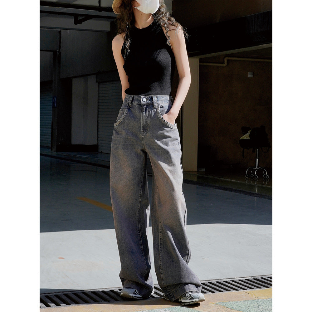 Women Wide High-Waist Denim Baggy Jeans with Extra Long Legs and Washed Used Look Chichicherry