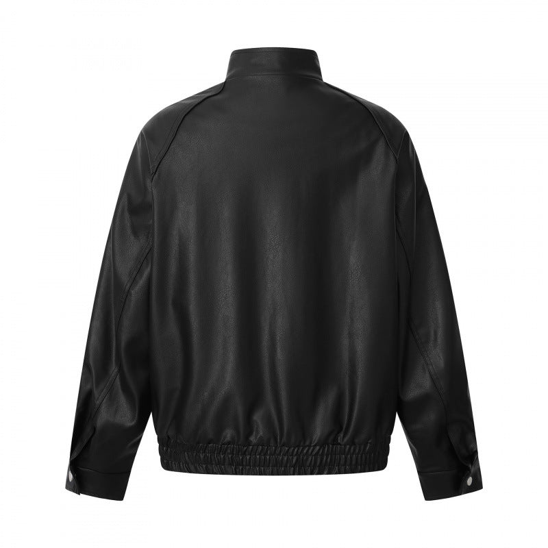 Unisex short-cut boxy faux leather bomber jacket with high stand-up collar, snap button placket, and elastic hem Chichicherry