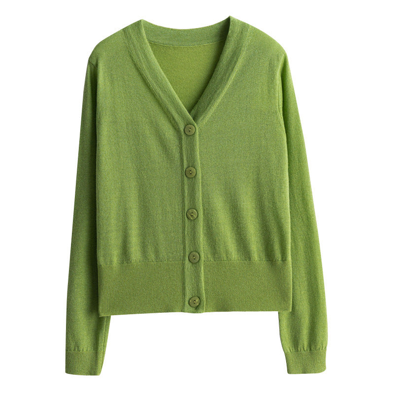 Women's Light V-Neck Cardigan with Side Hem Slit and Ribbed Cuff Chichicherry