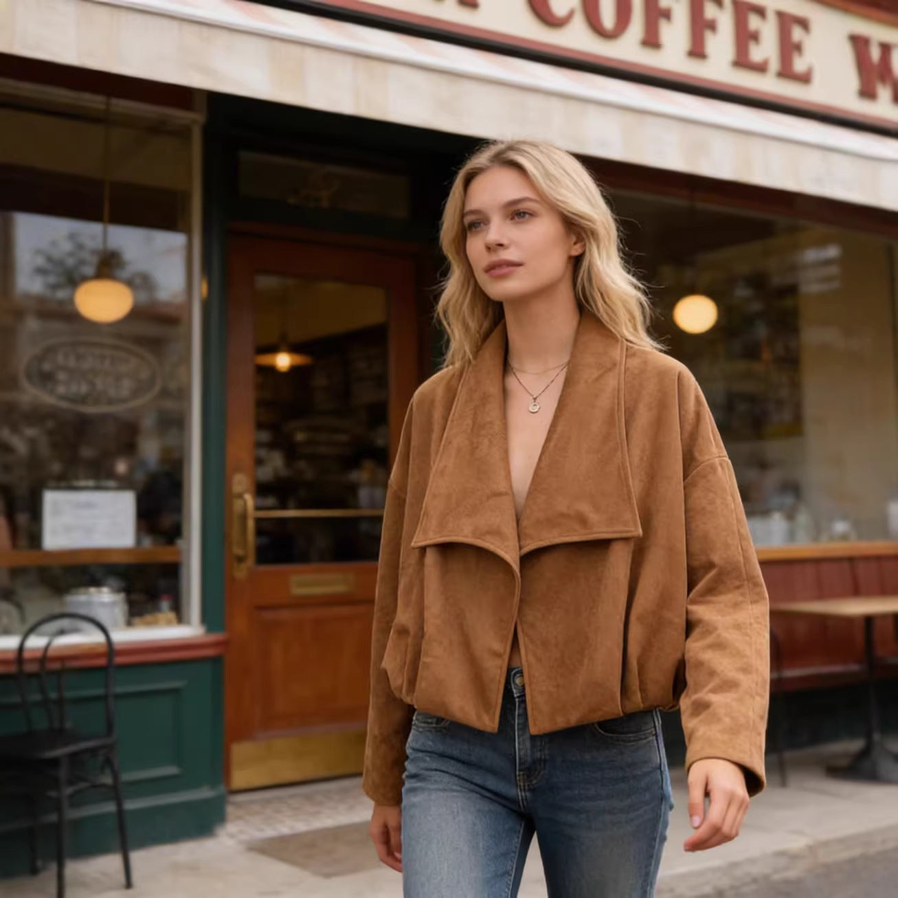 Women’s short jacket in waterfall look with soft velour finish and wide shawl collar Chichicherry