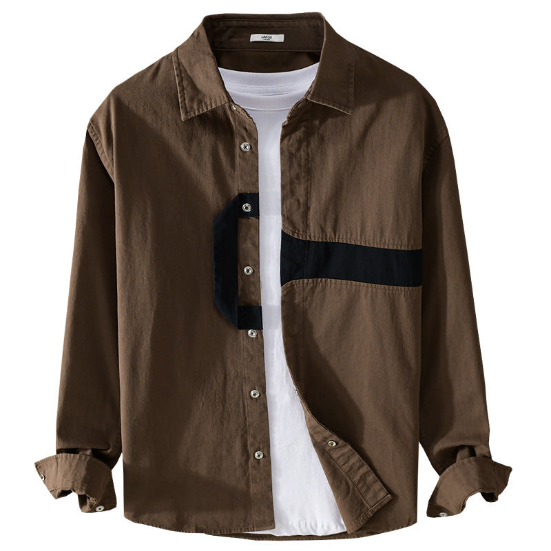Men's Casual Overshirt Shirt with Geometric Contrast Stripe and Snap Placket Chichicherry
