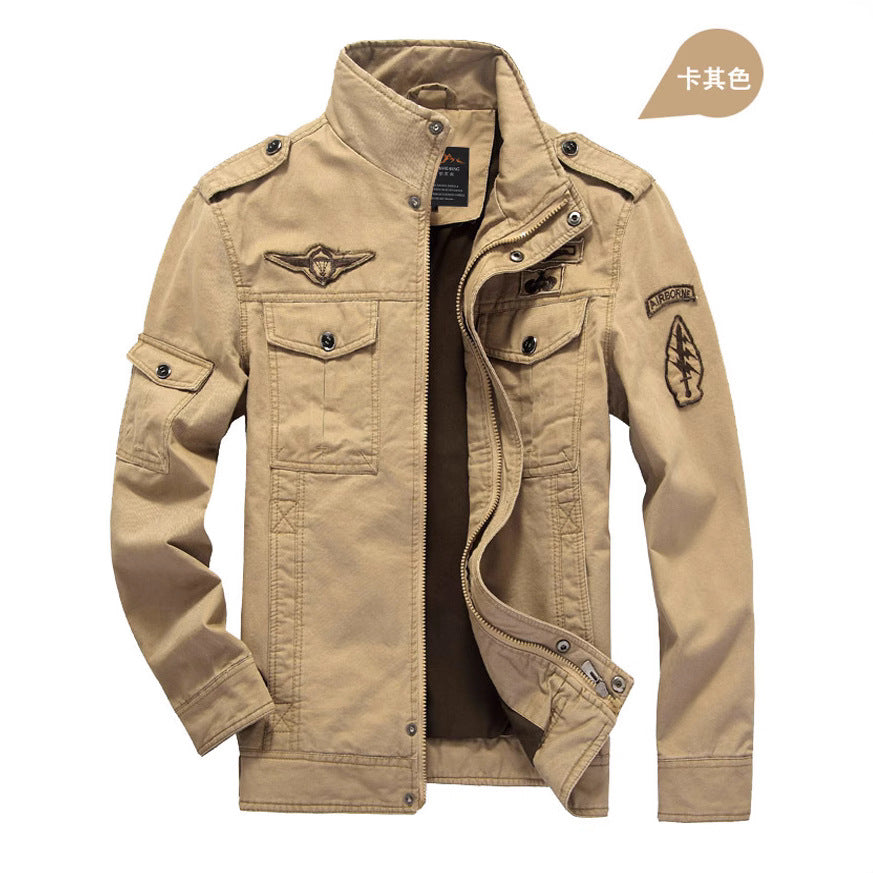 Men's canvas field jacket in military utility style with stand-up collar, epaulettes, and multifunctional pockets Chichicherry