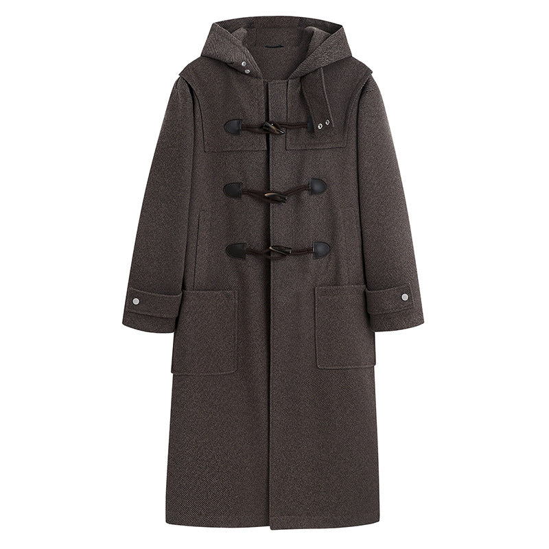 Men's Long Wool Blend Duffle Coat with Hood, Toggle Closures and Patch Pockets Chichicherry