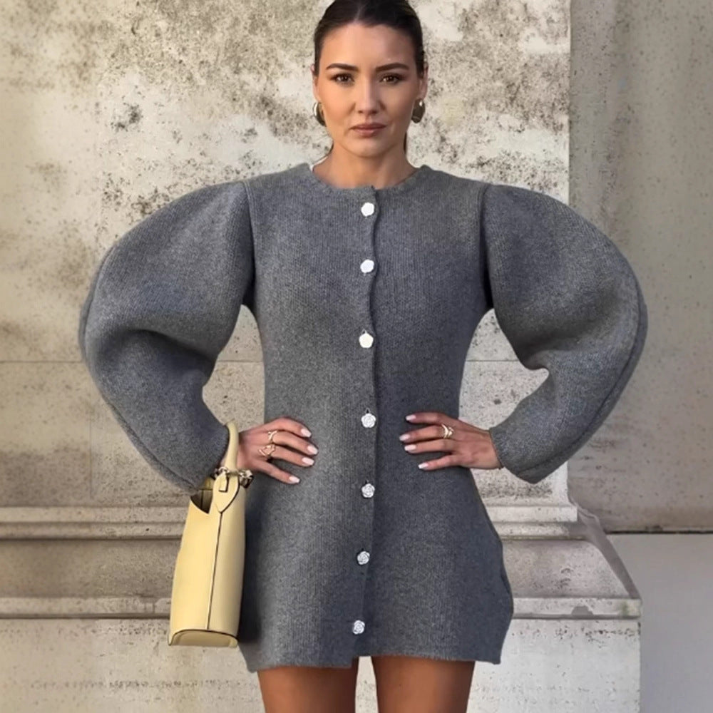 Women's knitted mini dress cardigan with voluminous balloon sleeves and decorative button placket Chichicherry