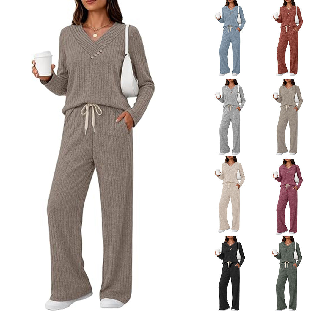Women's Soft Ribbed Lounge Set with V-Neck and Drawstring Waist