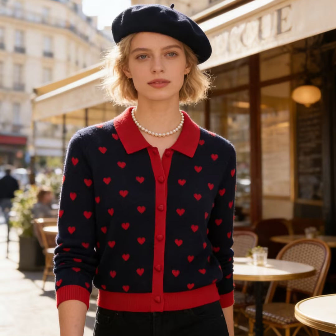 Women Short-Cut Cardigan with Shirt Collar, Heart Jacquard and Button Placket Chichicherry
