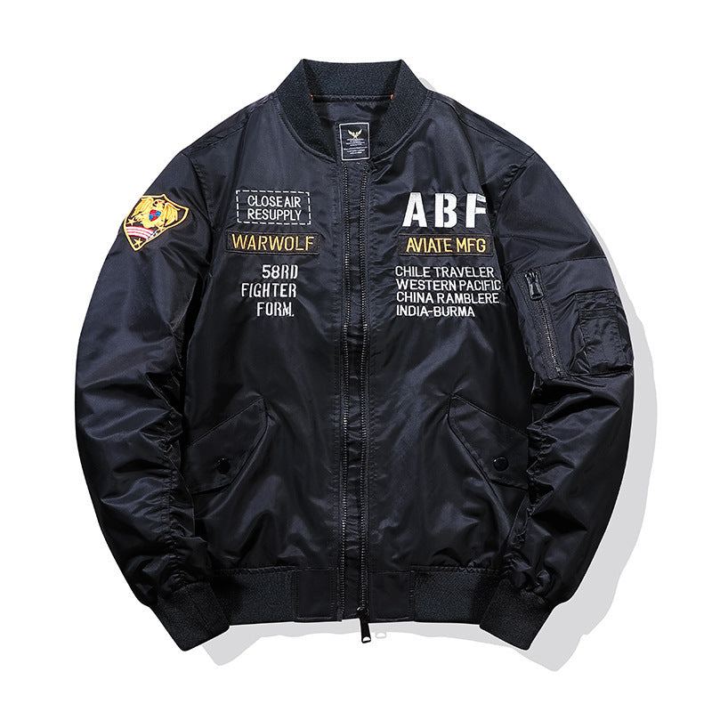 Men's pilot bomber jacket in vintage military style with embroidered patches and utility arm pocket Chichicherry