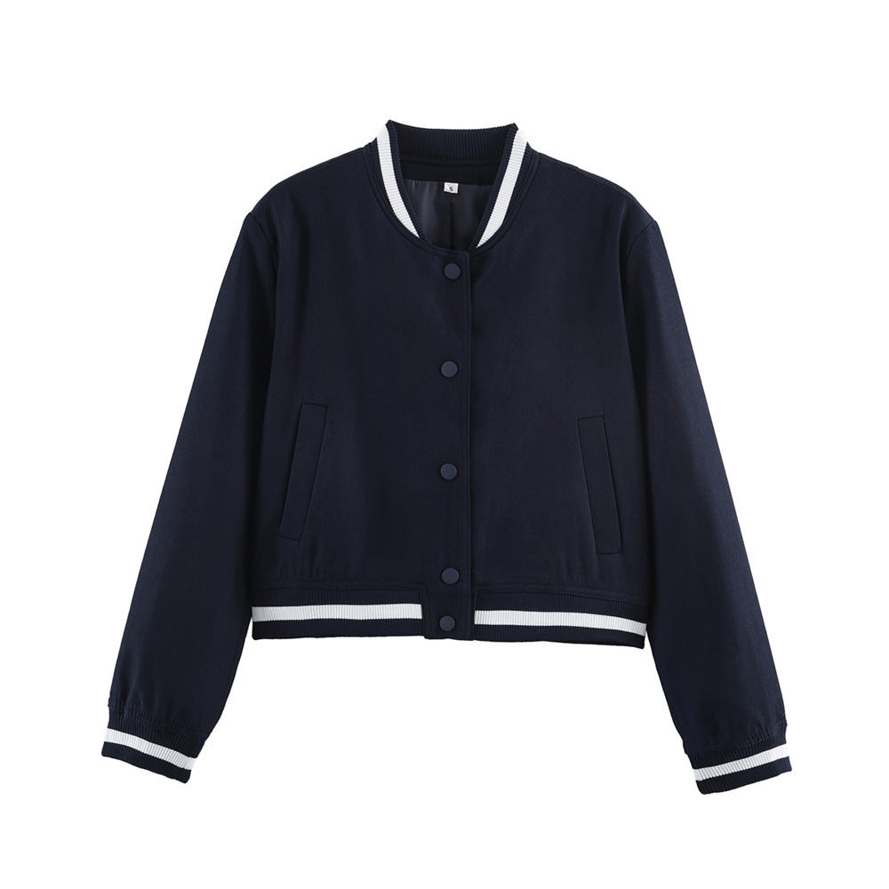 Women's short-cut college bomber jacket with ribbed striped collar and snap button placket Chichicherry