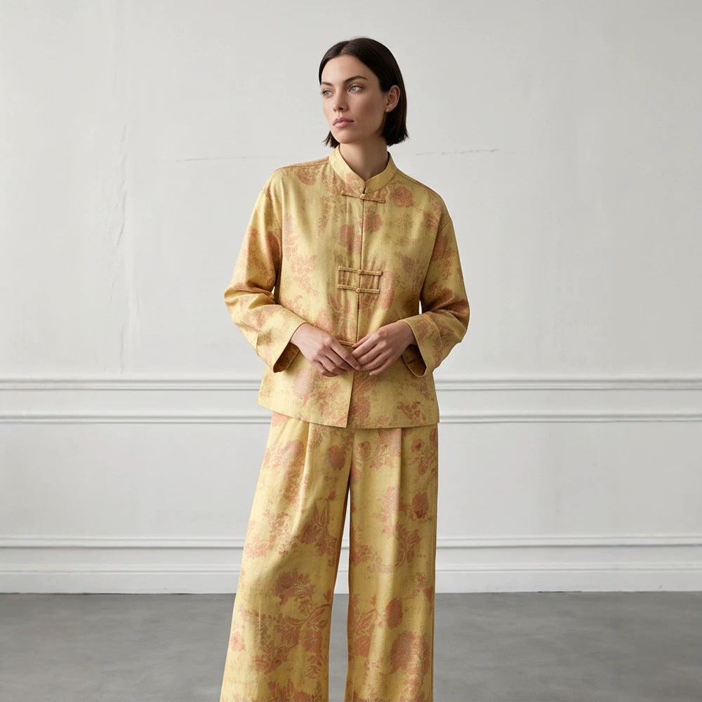 Womens Two-Piece Jacquard Set with Mandarin Collar and Wide Cut Trousers Chichicherry