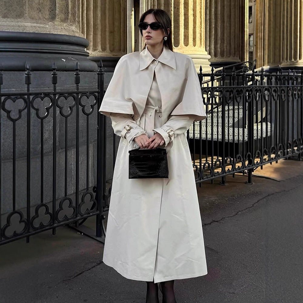 Women's Long Tailored Trench Coat with Detachable Cape and Tied Belt Chichicherry