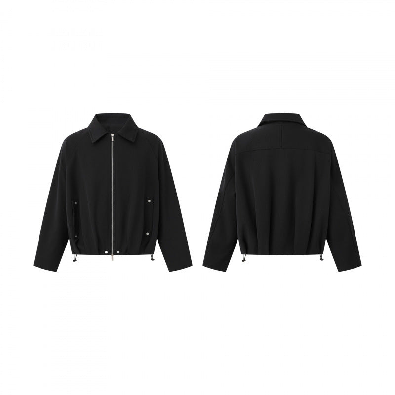 Unisex Short cut boxy zip blouson jacket with shirt collar, drawstring hem and snap button pockets Chichicherry