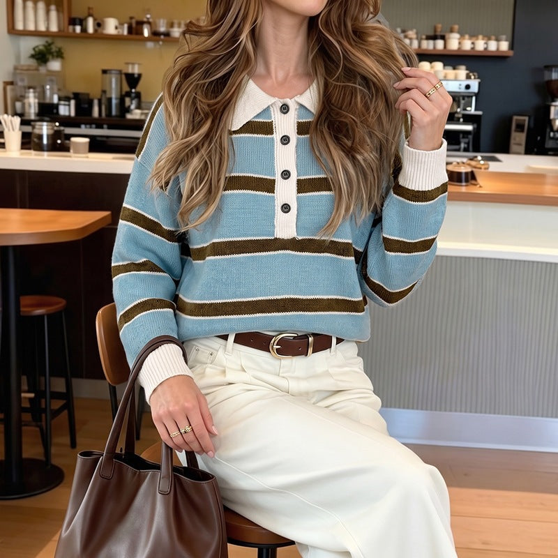 Women Striped Polo Knit Sweater with Henley Button Placket and Dropped Shoulder Chichicherry