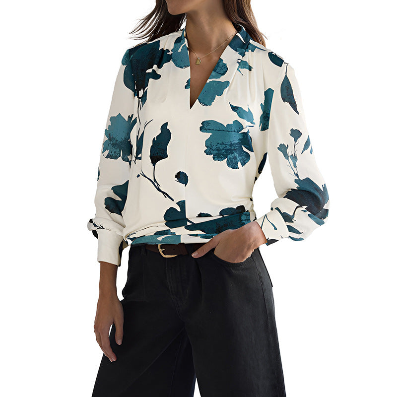 Women's viscose blouse with floral watercolor print, V-neck and cuffed sleeves