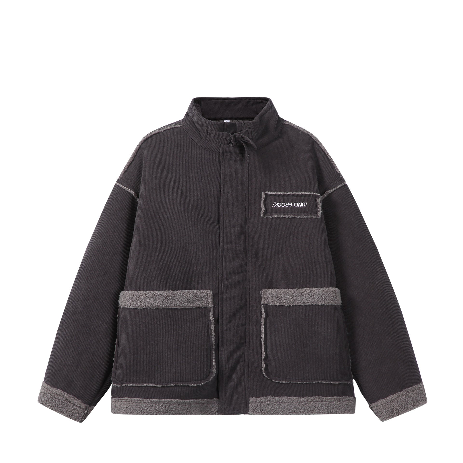 Unisex Short-cut Cord Jacket with Teddy Trim and Funnel Neck Chichicherry