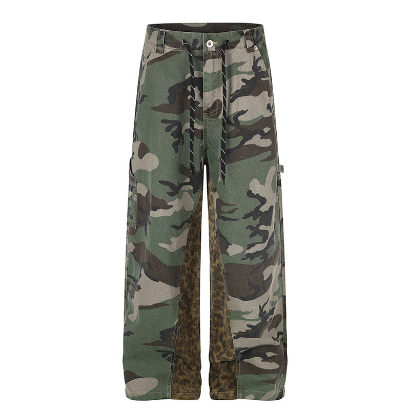 Women's wide cargo pants with camouflage print and leopard contrast stripes Chichicherry