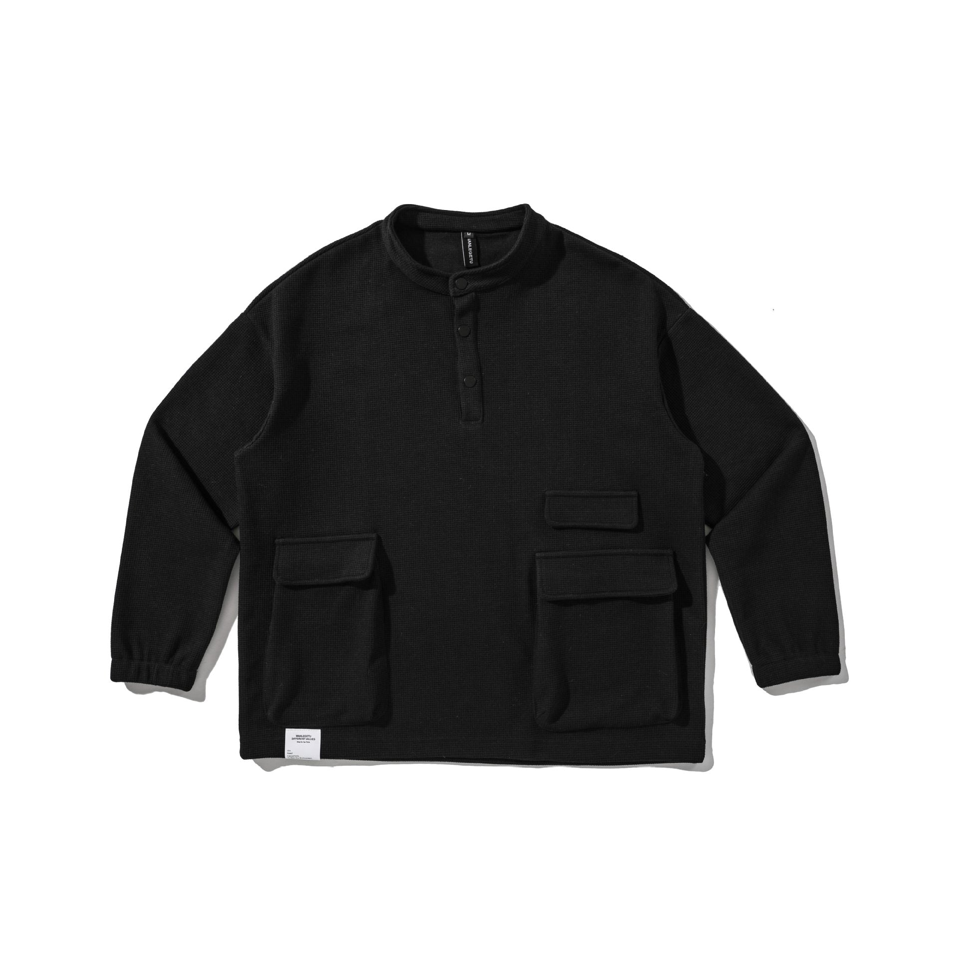 Men's Waffle Knit Henley Sweater with Stand Collar, Snap Placket, and Large Utility Pockets Chichicherry