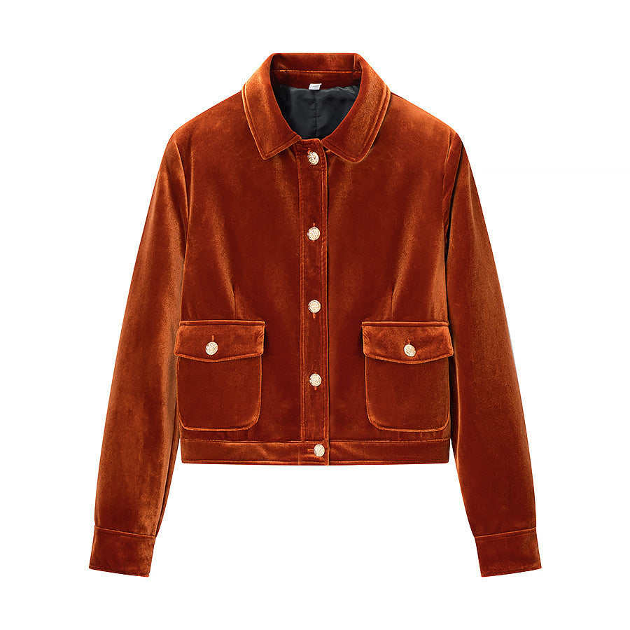 Women's short jacket in velvet look with shirt collar, applied flap pockets, and gold-colored decorative buttons Chichicherry