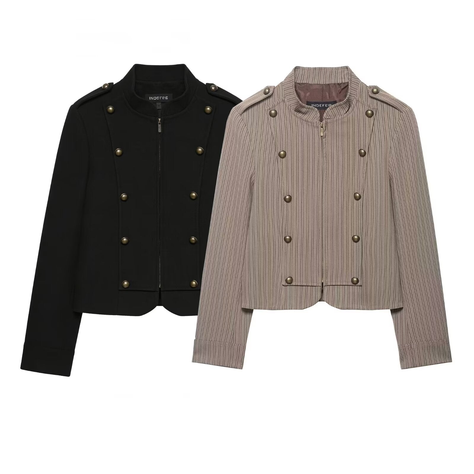 Women's short blazer in military style with stand-up collar and decorative buttons Chichicherry