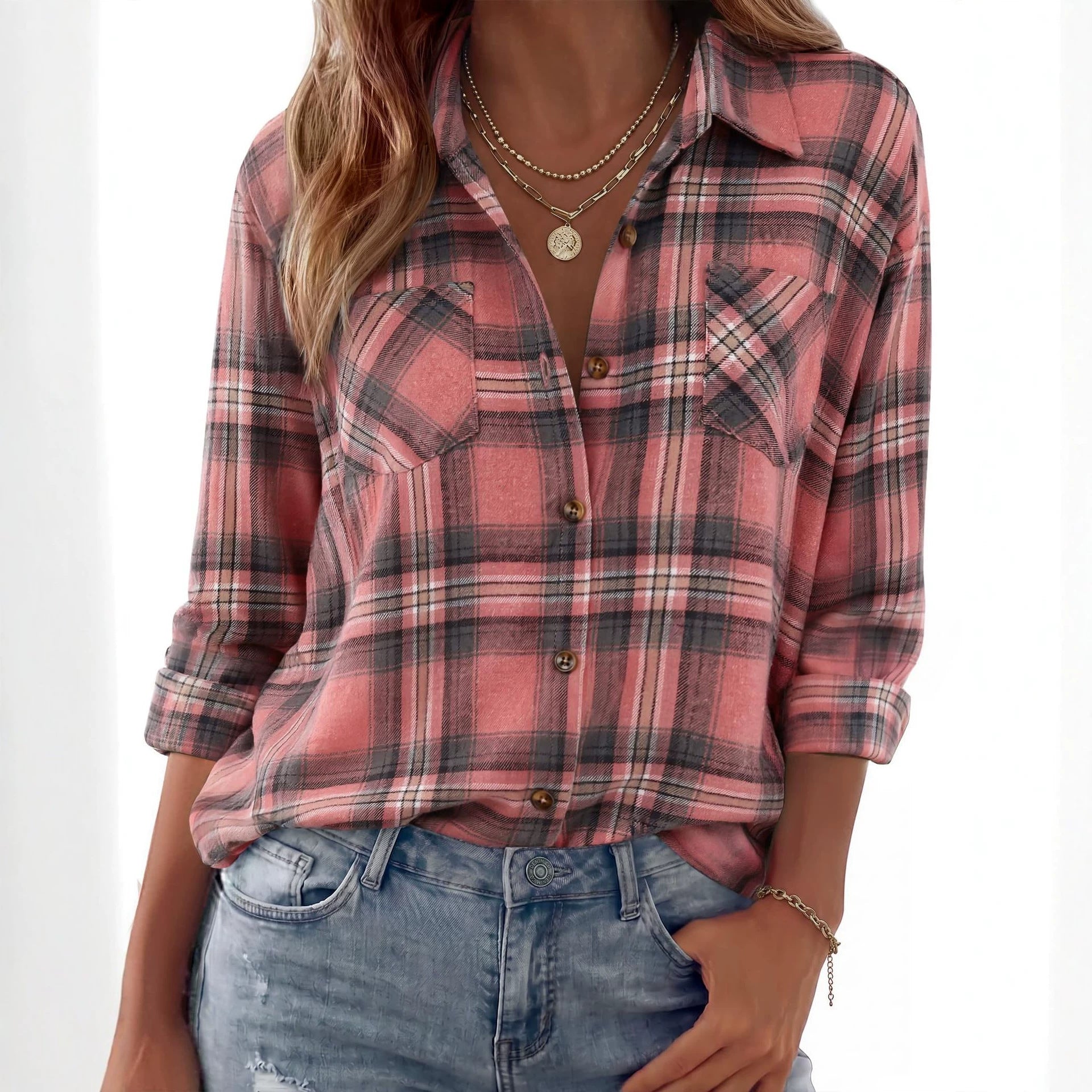 Women Checkered Oversized Flannel Shirt Jacket with Chest Pockets Chichicherry