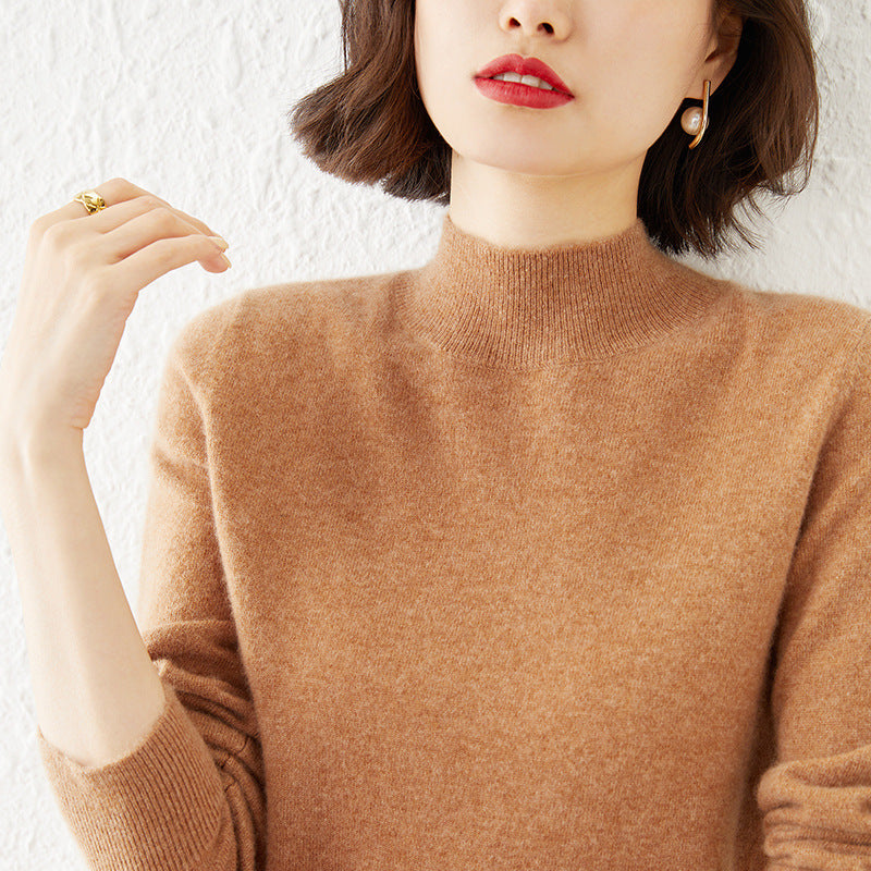 Women Luxurious Cashmere Fine Knit Sweater with Stand-up Collar Chichicherry