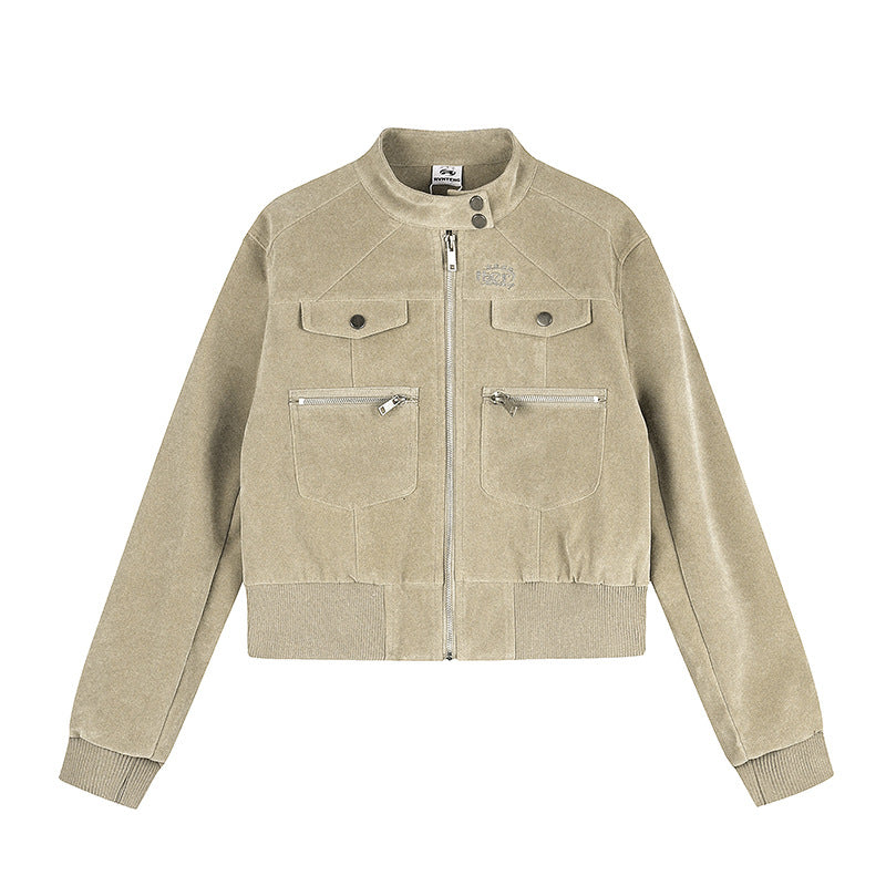 Women's Short Cut Velvet Velour Bomber Jacket with Stand-up Collar and Multifunctional Pockets Chichicherry