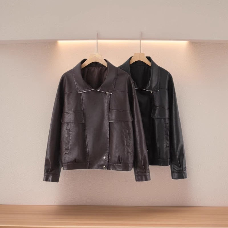 Women Oversized Faux Leather Bomber Jacket with Flap Pockets and Asymmetrical Zipper Chichicherry