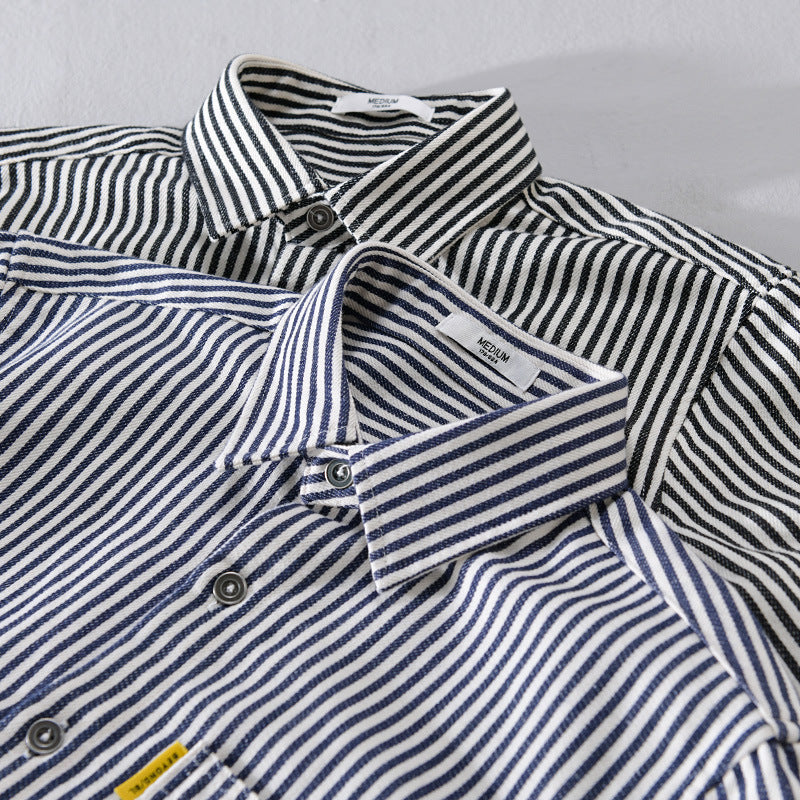 Men's Casual Striped Shirt Jacket Style with Patch Pocket Chichicherry